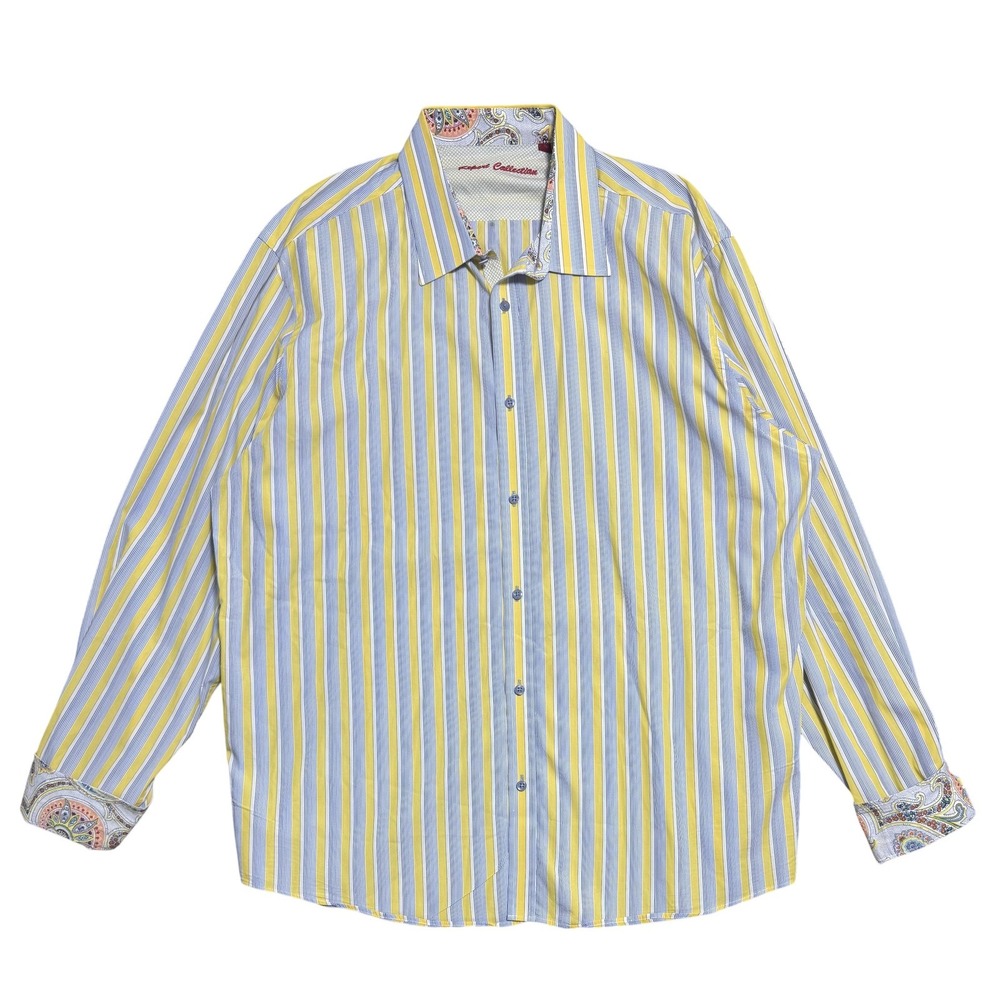 Report Collection Shirt Mens 2XL Yellow Blue Striped Long Sleeve Button Paisley